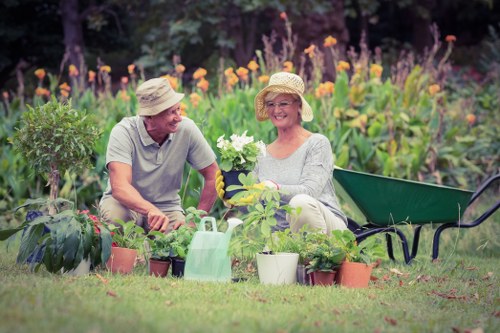 Professional landscaping team working safely on a managed site